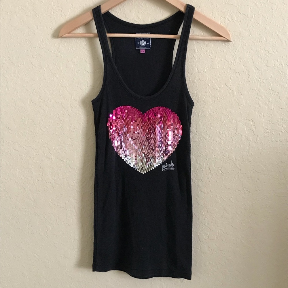 🌸VS PINK TANK TOP BLACK WITH PINK SEQUINS HEARY🌸